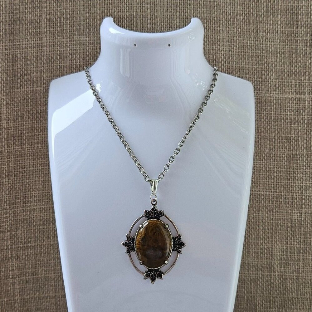 Vintage Pendant Women Necklace Brown Stone Silver Tone Chain Fashion Jewelry - Picture 12 of 12